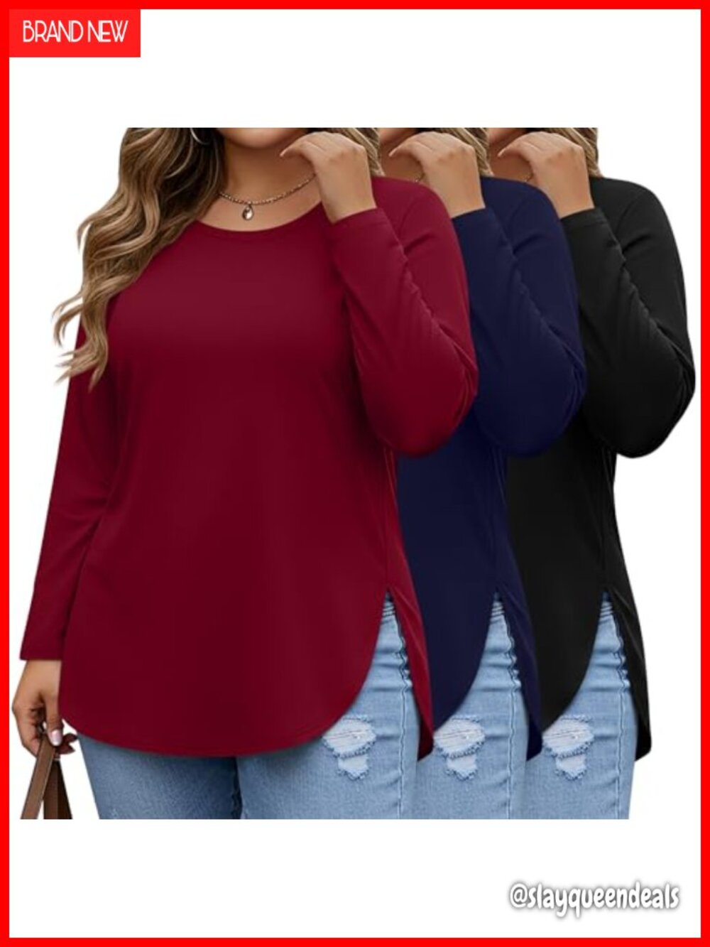 Plus Size Long Sleeve Tunic Tops 3 Pack Round Neck Pull On Casual